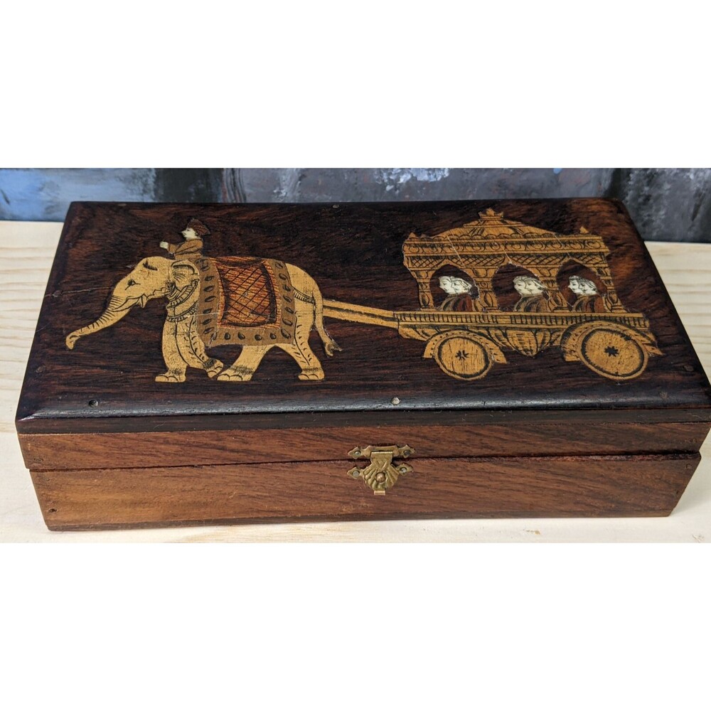 Vintage Wooden Trinket Jewelry Box Elephant Carrage inlaid Storage Stash 8" Boho